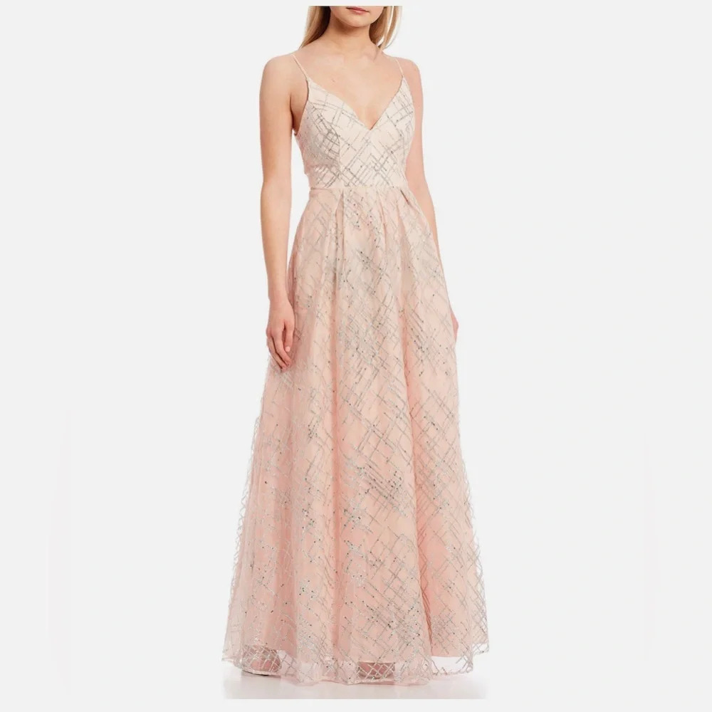 CRYSTAL DOLLS Pink Glitter Spaghetti Strap Sweetheart Full-Length Formal Gown